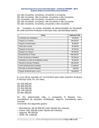 CONTABILIDADE FACILITADA PARA
GABRIEL RABELO
Prof. Gabriel Rabelo/Luciano Rosa www.estrategiaconcursos.com.br
(A) não circulante, circulante, circulante e circulante.
(B) não circulante, não circulante, ci
(C) circulante, não circulante, circulante e circulante.
(D) não circulante, circulante, não circulante e não circulante.
(E) não circulante, circulante, circulante e não circulante.
42. Considere as contas extraídas da Demonstração
da Little Gremlins Produtos e Serviços Ltda, apresentadas abaixo:
O Lucro Bruto apurado em 31/12/2016 pela Little Gremlins Produtos
e Serviços Ltda. foi, em reais,
(A) 930.000,00.
(B) 885.000,00.
(C) 816.000,00.
(D) 195.200,00.
(E) 861.000,00.
43. Em determinado mês, a companhia É Biscoito S.A.,
revendedora de biscoitos confeitados, adquiriu mercadorias para
revenda
incorrendo nos seguintes gastos:
− Mercadorias: R$ 20.000,00 (valor líquido dos tributos)
− Fretes: R$1.200,00 (valor líquido dos tributos)
− Seguros: R$ 400,00
− ICMS: R$ 1.000,00
ACILITADA PARA CONCURSOS – CORREÇÃO ARTESP - 2017
ABELO/LUCIANO ROSA/JULIO CARDOZO
www.estrategiaconcursos.com.brPágina 49 de
(A) não circulante, circulante, circulante e circulante.
(B) não circulante, não circulante, circulante e não circulante.
(C) circulante, não circulante, circulante e circulante.
(D) não circulante, circulante, não circulante e não circulante.
(E) não circulante, circulante, circulante e não circulante.
Considere as contas extraídas da Demonstração do Resultado
da Little Gremlins Produtos e Serviços Ltda, apresentadas abaixo:
O Lucro Bruto apurado em 31/12/2016 pela Little Gremlins Produtos
e Serviços Ltda. foi, em reais,
Em determinado mês, a companhia É Biscoito S.A.,
revendedora de biscoitos confeitados, adquiriu mercadorias para
incorrendo nos seguintes gastos:
− Mercadorias: R$ 20.000,00 (valor líquido dos tributos)
− Fretes: R$1.200,00 (valor líquido dos tributos)
2017
de 57
rculante e não circulante.
(D) não circulante, circulante, não circulante e não circulante.
do Resultado
da Little Gremlins Produtos e Serviços Ltda, apresentadas abaixo:
O Lucro Bruto apurado em 31/12/2016 pela Little Gremlins Produtos
Em determinado mês, a companhia É Biscoito S.A.,
revendedora de biscoitos confeitados, adquiriu mercadorias para
 