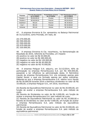 CONTABILIDADE FACILITADA PARA
GABRIEL RABELO
Prof. Gabriel Rabelo/Luciano Rosa www.estrategiaconcursos.com.br
47. A empresa Encrenca & Cia. apresentou no
de 31/12/2016, como Provisão, em reais, de
(A) 270.000,00.
(B) 590.000,00.
(C) 500.000,00.
(D) 670.000,00.
(E) 320.000,00.
48. A empresa Encrenca & Cia. reconheceu, na Demonstração de
Resultado de 2016, referente às Provisões, um impacto
(A) positivo no valor de R$ 50.000,00.
(B) positivo no valor de R$ 280.000,00.
(C) negativo no valor de R$ 120.000,00.
(D) negativo no valor de R$ 40.000,00.
(E) negativo no valor de R$ 70.000,00.
49. A empresa Potiguar S.A. adquiriu, em 31/12/2014, 40% de
participação na empresa Pernambucana S.A. por R$ 400.000,00,
passando a ter influência na administração desta. O Patrimônio
Líquido da empresa Pernambucana S.A. era composto apenas pelo
Capital Social, o qual era formado apenas por ações ordinárias.
Sabendo-se que a empresa Pernambucana S.A. obteve lucro líquido
de R$ 50.000,00 durante 2016 e distribuiu dividendos no valor de R$
10.000,00, a empresa Potiguar S.A., em 2016, reconheceu
(A) Receita de Equivalência Patrimonial no valor de R$ 20.000,00, em
função de avaliar a empresa Pernambucana S.A. pelo método de
custo.
(B) Receita de Dividendos no valor de R$ 4.000,00, em função de
avaliar a empresa Pernambucana S.A. pelo método de custo.
(C) Receita de Equivalência Patrimonial no valor de R$ 16.000,00 e
Receita de Dividendos no valor de R$ 4.000,00, em função de avaliar
a empresa Pernambucana S.A. pelo método da equivalência
patrimonial.
(D) Receita de Equivalência Patrimonial no valor de R$ 20.000,00, em
função de avaliar a empresa Pernambucana S.A. pelo mét
equivalência patrimonial.
ACILITADA PARA CONCURSOS – CORREÇÃO ARTESP - 2017
ABELO/LUCIANO ROSA/JULIO CARDOZO
www.estrategiaconcursos.com.brPágina 52 de
A empresa Encrenca & Cia. apresentou no Balanço Patrimonial
de 31/12/2016, como Provisão, em reais, de
A empresa Encrenca & Cia. reconheceu, na Demonstração de
Resultado de 2016, referente às Provisões, um impacto
(A) positivo no valor de R$ 50.000,00.
(B) positivo no valor de R$ 280.000,00.
(C) negativo no valor de R$ 120.000,00.
(D) negativo no valor de R$ 40.000,00.
(E) negativo no valor de R$ 70.000,00.
A empresa Potiguar S.A. adquiriu, em 31/12/2014, 40% de
articipação na empresa Pernambucana S.A. por R$ 400.000,00,
passando a ter influência na administração desta. O Patrimônio
Líquido da empresa Pernambucana S.A. era composto apenas pelo
Capital Social, o qual era formado apenas por ações ordinárias.
se que a empresa Pernambucana S.A. obteve lucro líquido
de R$ 50.000,00 durante 2016 e distribuiu dividendos no valor de R$
10.000,00, a empresa Potiguar S.A., em 2016, reconheceu
(A) Receita de Equivalência Patrimonial no valor de R$ 20.000,00, em
o de avaliar a empresa Pernambucana S.A. pelo método de
(B) Receita de Dividendos no valor de R$ 4.000,00, em função de
avaliar a empresa Pernambucana S.A. pelo método de custo.
(C) Receita de Equivalência Patrimonial no valor de R$ 16.000,00 e
ita de Dividendos no valor de R$ 4.000,00, em função de avaliar
a empresa Pernambucana S.A. pelo método da equivalência
(D) Receita de Equivalência Patrimonial no valor de R$ 20.000,00, em
função de avaliar a empresa Pernambucana S.A. pelo mét
equivalência patrimonial.
2017
de 57
Balanço Patrimonial
A empresa Encrenca & Cia. reconheceu, na Demonstração de
A empresa Potiguar S.A. adquiriu, em 31/12/2014, 40% de
articipação na empresa Pernambucana S.A. por R$ 400.000,00,
passando a ter influência na administração desta. O Patrimônio
Líquido da empresa Pernambucana S.A. era composto apenas pelo
Capital Social, o qual era formado apenas por ações ordinárias.
se que a empresa Pernambucana S.A. obteve lucro líquido
de R$ 50.000,00 durante 2016 e distribuiu dividendos no valor de R$
(A) Receita de Equivalência Patrimonial no valor de R$ 20.000,00, em
o de avaliar a empresa Pernambucana S.A. pelo método de
(B) Receita de Dividendos no valor de R$ 4.000,00, em função de
(C) Receita de Equivalência Patrimonial no valor de R$ 16.000,00 e
ita de Dividendos no valor de R$ 4.000,00, em função de avaliar
a empresa Pernambucana S.A. pelo método da equivalência
(D) Receita de Equivalência Patrimonial no valor de R$ 20.000,00, em
função de avaliar a empresa Pernambucana S.A. pelo método da
 