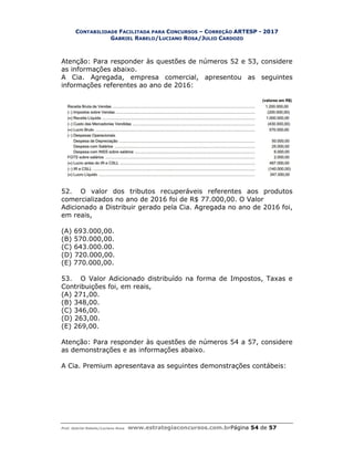 CONTABILIDADE FACILITADA PARA
GABRIEL RABELO
Prof. Gabriel Rabelo/Luciano Rosa www.estrategiaconcursos.com.br
Atenção: Para responder às questões de números 52 e 53, considere
as informações abaixo.
A Cia. Agregada, empresa comercial, apresentou as seguintes
informações referentes ao ano de 2016:
52. O valor dos tributos recuperáveis referentes aos produtos
comercializados no ano de 2016 foi de R$ 77.000,00. O Valor
Adicionado a Distribuir gerado pela Cia. Agregada no ano de 2016 foi,
em reais,
(A) 693.000,00.
(B) 570.000,00.
(C) 643.000.00.
(D) 720.000,00.
(E) 770.000,00.
53. O Valor Adicionado distribuído na fo
Contribuições foi, em reais,
(A) 271,00.
(B) 348,00.
(C) 346,00.
(D) 263,00.
(E) 269,00.
Atenção: Para responder às questões de números 54 a 57, considere
as demonstrações e as informações abaixo.
A Cia. Premium apresentava as se
ACILITADA PARA CONCURSOS – CORREÇÃO ARTESP - 2017
ABELO/LUCIANO ROSA/JULIO CARDOZO
www.estrategiaconcursos.com.brPágina 54 de
Atenção: Para responder às questões de números 52 e 53, considere
A Cia. Agregada, empresa comercial, apresentou as seguintes
informações referentes ao ano de 2016:
O valor dos tributos recuperáveis referentes aos produtos
mercializados no ano de 2016 foi de R$ 77.000,00. O Valor
Adicionado a Distribuir gerado pela Cia. Agregada no ano de 2016 foi,
O Valor Adicionado distribuído na forma de Impostos, Taxas e
Contribuições foi, em reais,
Atenção: Para responder às questões de números 54 a 57, considere
as demonstrações e as informações abaixo.
A Cia. Premium apresentava as seguintes demonstrações contábeis:
2017
de 57
Atenção: Para responder às questões de números 52 e 53, considere
A Cia. Agregada, empresa comercial, apresentou as seguintes
O valor dos tributos recuperáveis referentes aos produtos
Adicionado a Distribuir gerado pela Cia. Agregada no ano de 2016 foi,
rma de Impostos, Taxas e
Atenção: Para responder às questões de números 54 a 57, considere
guintes demonstrações contábeis:
 