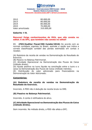 CORREÇÃO – CONTABILIDADE/ISS CUIABÁ - 2016
GABRIEL RABELO/LUCIANO ROSA
PERISCOPE: @GABRIELRABELO87 E @PROFLUCIANOROSA
13
2012 80.000,00
2013 80.000,00
2014 80.000,00
2015 70.000,00
Valor amortizado 310.000,00
Gabarito  B.
Recurso! Exige conhecimentos de DVA, que não consta no
edital. E de DFC, que também não consta no edital!
69. (FGV/Auditor Fiscal/ISS Cuiabá/2016) De acordo com as
normas contábeis vigentes no Brasil, assinale a opção que indica a
correta classificação contábil das perdas estimadas em contas a
receber.
(A) Redutora da receita de vendas na Demonstração do Resultado do
Exercício.
(B) Passivo no Balanço Patrimonial.
(C) Atividade Operacional na Demonstração dos Fluxos de Caixa
(método direto).
(D) Ajuste positivo no lucro líquido na conciliação entre o lucro e o
caixa na Demonstração dos Fluxos de Caixa (método indireto).
(E) Distribuição do valor adicionado para financiadores na
Demonstração do Valor Adicionado.
Comentários:
(A) Redutora da receita de vendas na Demonstração do
Resultado do Exercício.
Incorreto. A PDD não é dedução da receita bruta na DRE.
(B) Passivo no Balanço Patrimonial.
Incorreto. A conta é retificadora do ativo.
(C) Atividade Operacional na Demonstração dos Fluxos de Caixa
(método direto).
Item incorreto. No método direto, a PDD não afeta a DFC.
 