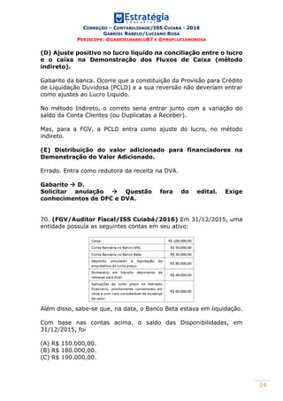 CORREÇÃO – CONTABILIDADE/ISS CUIABÁ - 2016
GABRIEL RABELO/LUCIANO ROSA
PERISCOPE: @GABRIELRABELO87 E @PROFLUCIANOROSA
14
(D) Ajuste positivo no lucro líquido na conciliação entre o lucro
e o caixa na Demonstração dos Fluxos de Caixa (método
indireto).
Gabarito da banca. Ocorre que a constituição da Provisão para Crédito
de Liquidação Duvidosa (PCLD) e a sua reversão não deveriam entrar
como ajustes ao Lucro Liquido.
No método Indireto, o correto seria entrar junto com a variação do
saldo da Conta Clientes (ou Duplicatas a Receber).
Mas, para a FGV, a PCLD entra como ajuste do lucro, no método
indireto.
(E) Distribuição do valor adicionado para financiadores na
Demonstração do Valor Adicionado.
Errado. Entra como redutora da receita na DVA.
Gabarito  D.
Solicitar anulação  Questão fora do edital. Exige
conhecimentos de DFC e DVA.
70. (FGV/Auditor Fiscal/ISS Cuiabá/2016) Em 31/12/2015, uma
entidade possuía as seguintes contas em seu ativo:
Além disso, sabe-se que, na data, o Banco Beta estava em liquidação.
Com base nas contas acima, o saldo das Disponibilidades, em
31/12/2015, foi
(A) R$ 150.000,00.
(B) R$ 180.000,00.
(C) R$ 190.000,00.
 