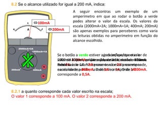 8.2 Se o alcance utilizado for igual a 200 mA, indica:
8.2.1 a quanto corresponde cada valor escrito na escala;
O valor 1 corresponde a 100 mA. O valor 2 corresponde a 200 mA.
Se o botão a verde estiver a indicar/apontar o valor de
2000mA o que equivale a 2A, então o alcance máximo
é de 2A.
Se o botão a verde estiver agora indicar/apontar o
valor de 1000mA o que equivale a 1A, então o alcance
máximo é de 1A. Neste caso o valor 2A presente na
escala corresponde, na realidade a 1A. O de 1A
corresponde a 0,5A.
Se o botão a verde estiver agora indicar/apontar o
valor de 400mA, então o alcance máximo é de 400mA.
Neste caso o valor 2A presente na escala corresponde,
na realidade a 400mA. O de 1A corresponde a 200mA.
Se o botão a verde estiver agora indicar/apontar o
valor de 200mA, então o alcance máximo é de 200mA.
Neste caso o valor 2A presente na escala corresponde,
na realidade a 200mA. O de 1A corresponde a 100mA.
0,5A
1A
200mA
400mA
100mA
200mA
A seguir encontras um exemplo de um
amperímetro em que ao rodar o botão a verde
podes alterar o valor da escala. Os valores da
escala (2000mA=2A; 1000mA=1A; 400mA; 200mA)
são apenas exemplos para perceberes como varia
as leituras obtidas no amperímetro em função do
alcance escolhido.
 