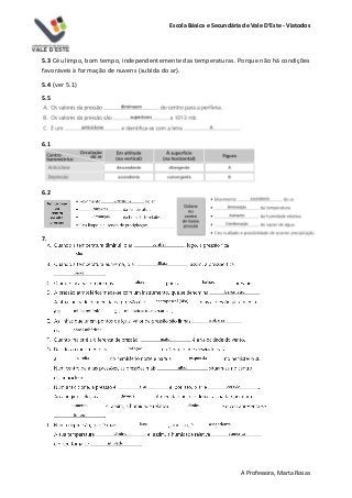 Escola Básica e Secundária de Vale D’Este - Viatodos
A Professora, Marta Rosas
5.3 Céu limpo, bom tempo, independentemente das temperaturas. Porque não há condições
favoráveis à formação de nuvens (subida do ar).
5.4 (ver 5.1)
5.5
6.1
6.2
7.
 