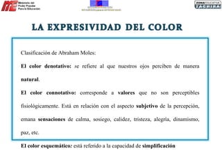 Clasificación de Abraham Moles:  El color denotativo:  s e refiere al que nuestros ojos perciben de manera  natural . El color connotativo:  corresponde a  valores  que no son perceptibles fisiológicamente. Está en relación con el aspecto  subjetivo  de la percepción, emana  sensaciones  de calma, sosiego, calidez, tristeza, alegría, dinamismo, paz, etc.   El color esquemático :  está referido a la capacidad de  simplificación 