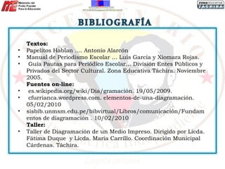 Textos: Papelitos Hablan …. Antonio Alarcón  Manual de Periodismo Escolar … Luis García y Xiomara Rojas. Guía Pautas para Periódico Escolar… División Entes Públicos y Privados del Sector Cultural. Zona Educativa Táchira. Noviembre 2005. Fuentes on-line: es.wikipedia.org/wiki/Dia/gramación. 19/05/2009. cfurrianca.wordpress.com. elementos-de-una-diagramación. 05/02/2010 sisbib.unmsm.edu.pe/bibvirtual/Libros/comunicación/Fundamentos de diagramación . 10/02/2010 Taller: Taller de Diagramación de un Medio Impreso. Dirigido por Licda. Fátima Duque  y Licda. María Carrillo. Coordinación Municipal Cárdenas. Táchira. 