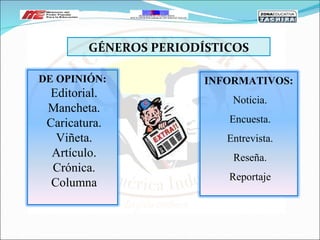 GÉNEROS PERIODÍSTICOS DE OPINIÓN: Editorial. Mancheta. Caricatura. Viñeta. Artículo. Crónica. Columna INFORMATIVOS: Noticia. Encuesta. Entrevista. Reseña. Reportaje 
