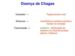 Doença de Chagas
Causador → Trypanosoma cruzi
Sintomas → Insuficiência cardíaca devida a
lesões no coração
Transmissão → INDIRETA – Defecação do
barbeiro no local da picada;
gênero Triatoma
 