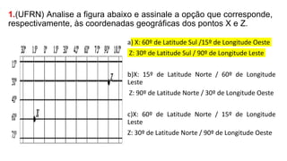 1.(UFRN) Analise a figura abaixo e assinale a opção que corresponde,
respectivamente, às coordenadas geográficas dos pontos X e Z.
a) X: 60º de Latitude Sul /15º de Longitude Oeste
Z: 30º de Latitude Sul / 90º de Longitude Leste
b)X: 15º de Latitude Norte / 60º de Longitude
Leste
Z: 90º de Latitude Norte / 30º de Longitude Oeste
c)X: 60º de Latitude Norte / 15º de Longitude
Leste
Z: 30º de Latitude Norte / 90º de Longitude Oeste
 