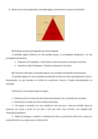 6. Mostra como estava organizada a sociedade egípcia, preenchendo o esquema da pirâmide.




       6.1 Distingue os grupo...