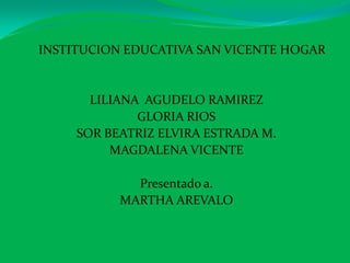 INSTITUCION EDUCATIVA SAN VICENTE HOGAR LILIANA  AGUDELO RAMIREZ GLORIA RIOS SOR BEATRIZ ELVIRA ESTRADA M. MAGDALENA VICENTE Presentado a. MARTHA AREVALO 