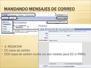    4. REDACTAR
   CC copia de carbón
   CCO copia de carbón oculta (no son visibles para CC ni PARA)
 