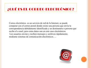 ¿QUÉ ES EL CORREO ELECTRÓNICO?

Correo electrónico es un servicio de red de la Internet, se puede
comparar con el correo postal donde existe una persona que envía la
correspondencia debidamente identificada y un destinatario o persona que
recibe el e-mail, pero estos datos son en este caso electrónicos.
Los usuarios envían y reciben mensajes y archivos rápidamente,
mediante sistemas de comunicación electrónicos. ...

 