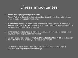 Archivos adjuntos.Estructura básica del encabezado de un e-mail      Return-Path: <jorgegomez@varsur.com>Received: from maquina1 (line129.varsur.net [192.168.73.129]by ns.compumedicina.net (8.9.3/8.9.3) with ESMTP id RAA20801for <info@compumedicina.com>; Tue, 29 Aug 2000 17:08:21 -0400From: "Jorge Gomez" <jorgegomez@varsur.com>To: <info@compumedicina.com>Subject: ImportanteDate: Tue, 29 Aug 2000 18:08:21 -0300Message-ID: <NEBBIKIBELIEKKDCNGHGIEFBCAAA.jorgegomez@varsur.com>MIME-Version: 1.0Content-Type: multipart/alternative;boundary="----=_NextPart_000_0000_01C011DF.871D08A0"X-Priority: 3X-MSMail-Priority: NormalX-Mailer: Microsoft Outlook Express 5.00.2919.6700X-MimeOLE: Produced By Microsoft MimeOLE V5.00.2919.6700X-UIDL: 102a4a2c4e95ed6dd5ac92e9f6e1b072