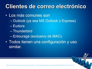 Clientes de correo electrónicoLos más comunes son Outlook (ya sea MS Outlook o Express)EudoraThunderbirdEntourage (exclusivo de MAC). Todos tienen una configuración y uso similar.http://soporte.suempresa.com/index.php?_m=knowledgebase&_a=viewarticle&kbarticleid=74&nav=0