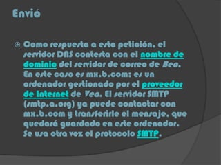 Envió
 Como respuesta a esta petición, el
servidor DNS contesta con el nombre de
dominio del servidor de correo de Bea.
En este caso es mx.b.com; es un
ordenador gestionado por el proveedor
de Internet de Vea. El servidor SMTP
(smtp.a.org) ya puede contactar con
mx.b.com y transferirle el mensaje, que
quedará guardado en este ordenador.
Se usa otra vez el protocolo SMTP.
 