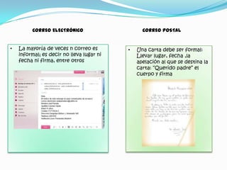 CORREO ELECTRÓNICO

•

La mayoría de veces n correo es
informal; es decir no lleva lugar ni
fecha ni firma, entre otros

CORREO POSTAL

•

Una carta debe ser formal:
Llevar lugar, fecha ,la
apelación al que se destina la
carta: “Querido padre” el
cuerpo y firma

 