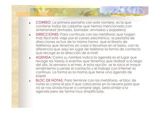 CORREO: La primera pestaña con este nombre, es la que
contiene todas las carpetas que hemos mencionado con
anterioridad (entrada, borrador, enviados y papelera)
DIRECCIONES: Para continuar con las metáforas que hagan
más fácil este viaje por el correo electrónico, la pestaña de
direcciones actua de la mismo forma que el libreto de
teléfonos que tenemos en casa o llevamos en el bolso, con la
diferencia que aquí en lugar de teléfono la forma de contacto
que recoge es la dirección de e-mail.
AGENDA: Como su nombre indica la agenda es el lugar que
recoge las tareas o eventos que tenemos que realizar a lo largo
del día, la semana o el mes. A esta opción se le saca el mayor
rendimiento cuando el contacto y el trabajo con Internet es
continuo. La forma es la misma que tiene una agenda de
papel.
BLOC DE NOTAS: Para terminar con las metáforas, el bloc de
notas es como el pos it que colocamos en la nevera para que
no se nos olvida hacer o comprar algo. Sería similar a la
agenda pero de forma muy simplificada.

 