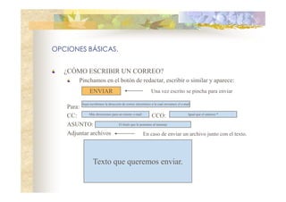 OPCIONES BÁSICAS.
¿CÓMO ESCRIBIR UN CORREO?
Pinchamos en el botón de redactar, escribir o similar y aparece:
ENVIAR

Una vez escrito se pincha para enviar

Aquí escribimos la dirección de correo electrónico a la cual enviamos el e-mail

Para:
Más direcciones para un mismo e-mail
Igual que el anterior *
CC:
CCO:
El titulo que le ponemos al mensaje
ASUNTO:
Adjuntar archivos
En caso de enviar un archivo junto con el texto.

Texto que queremos enviar.

 