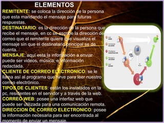 ELEMENTOS
REMITENTE: se coloca la dirección de la persona
que esta mandando el mensaje para futuras
respuestas.
DESTINATARIO: es la dirección de la persona que
recibe el mensaje, en cc se escribe la dirección de
correo que el remitente quiere que visualiza el
mensaje sin que el destinatario principal se de
cuenta.
MENSAJE: aquí esta la información a enviar
puede ser videos, música, e información
redactada.
CLIENTE DE CORREO ELECTRONICO: se le
llama así al programa que sirve para leer nuestro
correo electrónico.
TIPOS DE CLIENTES: están los instalados en la
pc, residentes en el servidor y a través de la web.
CORREO WEB: posee una interfaz web que
puede ser utilizada para una comunicación remota.
DIRECCION DE CORREO ELECTRONICO: posee
la información necesaria para ser encontrada al
momento de enviar un mensaje.
 