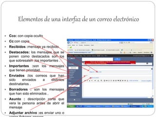 Elementos de una interfaz de un correo electrónico
 Cco: con copia oculto
 Cc:con copia
 Recibidos :mensaje ya recibido.
 Destacados: los mensajes que se
ponen como destacados son los
que sobresalen ,los importantes .
 Importantes :son los mensajes
que tienen prioridad.
 Enviados :los correos que han
sido enviados a distintos
destinatarios .
 Borradores : son los mensajes
que han sido eliminados .
 Asunto : descripción corta que
vera la persona antes de abrir el
mensaje
 Adjuntar archivo :es enviar uno o
 