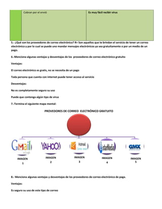 Cobran por el envió 
Es muy fácil recibir virus 
5.- ¿Qué son los proveedores de correo electrónico? R= Son aquellos que te brindan el servicio de tener un correo 
electrónico y por lo cual se puede uno mandar mensajes electrónicos ya sea gratuitamente o por un medio de un 
pago. 
6.-Menciona algunas ventajas y desventajas de los proveedores de correo electrónico gratuito 
Ventajas: 
El correo electrónico es gratis, no se necesita de un pago 
Toda persona que cuenta con internet puede tener acceso al servicio 
Desventajas: 
No es completamente seguro su uso 
Puede que contenga algún tipo de virus 
7.-Termina el siguiente mapa mental: 
PROVEDORES DE CORREO ELECTRÓNICO GRATUITO 
IMAGEN 
1 
IMAGEN 
2 
8.- Menciona algunas ventajas y desventajas de los proveedores de correo electrónico de paga. 
Ventajas: 
Es seguro su uso de este tipo de correo 
IMAGEN 
3 
IMAGEN 
4 
IMAGEN 
5 
 