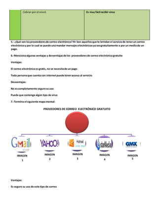 Cobran por el envió 
Es muy fácil recibir virus 
5.- ¿Qué son los proveedores de correo electrónico? R= Son aquellos que te brindan el servicio de tener un correo 
electrónico y por lo cual se puede uno mandar mensajes electrónicos ya sea gratuitamente o por un medio de un 
pago. 
6.-Menciona algunas ventajas y desventajas de los proveedores de correo electrónico gratuito 
Ventajas: 
El correo electrónico es gratis, no se necesita de un pago 
Toda persona que cuenta con internet puede tener acceso al servicio 
Desventajas: 
No es completamente seguro su uso 
Puede que contenga algún tipo de virus 
7.-Termina el siguiente mapa mental: 
PROVEDORES DE CORREO ELECTRÓNICO GRATUITO 
IMAGEN 
1 
Ventajas: 
IMAGEN 
2 
Es seguro su uso de este tipo de correo 
IMAGEN 
3 
IMAGEN 
4 
IMAGEN 
5 
 