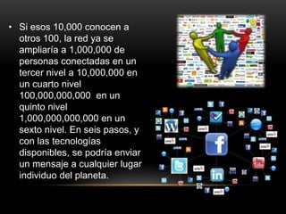 • Si esos 10,000 conocen a
otros 100, la red ya se
ampliaría a 1,000,000 de
personas conectadas en un
tercer nivel a 10,000,000 en
un cuarto nivel
100,000,000,000 en un
quinto nivel
1,000,000,000,000 en un
sexto nivel. En seis pasos, y
con las tecnologías
disponibles, se podría enviar
un mensaje a cualquier lugar
individuo del planeta.
 