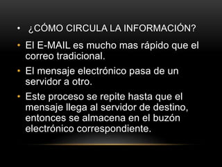 • ¿CÓMO CIRCULA LA INFORMACIÓN?
• El E-MAIL es mucho mas rápido que el
correo tradicional.
• El mensaje electrónico pasa de un
servidor a otro.
• Este proceso se repite hasta que el
mensaje llega al servidor de destino,
entonces se almacena en el buzón
electrónico correspondiente.
 