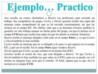 El propio mensaje. Puede ser sólo texto, o incluir formato,  y no hay límite de tamañoEstructuraAdemás, se suele dar la opción de incluir archivos adjuntos al mensaje. Esto permite traspasar datos informáticos de cualquier tipo mediante el correo electrónico.Para especificar el destinatario del mensaje, se escribe su dirección de correo en el campo llamado Para dentro de la interfaz. Si el destino son varias personas, normalmente se puede usar una lista con todas las direcciones, separadas por comas o punto y coma.Además del campo Para existen los campos CC y CCO, que son opcionales y sirven para hacer llegar copias del mensaje a otras personas:Campo CC (Copia de Carbón): quienes estén en esta lista recibirán también el mensaje, pero verán que no va dirigido a ellos, sino a quien esté puesto en el campo Para. Como el campo CC lo ven todos los que reciben el mensaje, tanto el destinatario principal como los del campo CC pueden ver la lista completa.Campo CCO (Copia de Carbón Oculta): una variante del CC, que hace que los destinatarios reciban el mensaje sin aparecer en ninguna lista. Por tanto, el campo CCO nunca lo ve ningún destinatario.