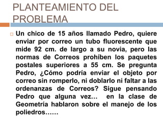 PLANTEAMIENTO DEL
PROBLEMA
   Un chico de 15 años llamado Pedro, quiere
    enviar por correo un tubo fluorescente que
    mide 92 cm. de largo a su novia, pero las
    normas de Correos prohíben los paquetes
    postales superiores a 55 cm. Se pregunta
    Pedro, ¿Cómo podría enviar el objeto por
    correo sin romperlo, ni doblarlo ni faltar a las
    ordenanzas de Correos? Sigue pensando
    Pedro que alguna vez… en la clase de
    Geometría hablaron sobre el manejo de los
    poliedros……
 