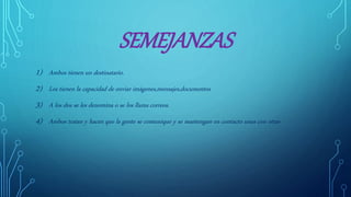 SEMEJANZAS
1) Ambos tienen un destinatario.
2) Los tienen la capacidad de enviar imágenes,mensajes,documentos
3) A los dos se les denomina o se los llama correos.
4) Ambos tratan y hacen que la gente se comunique y se mantengan en contacto unas con otras