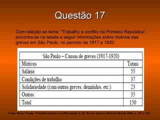 Questão 17
      Com relação ao tema: “Trabalho e conflito na Primeira República”,
      encontra-se na tabela a seguir informações sobre motivos das
      greves em São Paulo, no período de 1917 a 1920:




Fonte: Boris Fausto. Trabalho urbano e conflito social. 5. ed. Rio de Janeiro, Bertrand Brasil, 2000. p. 167 e 170.
 
