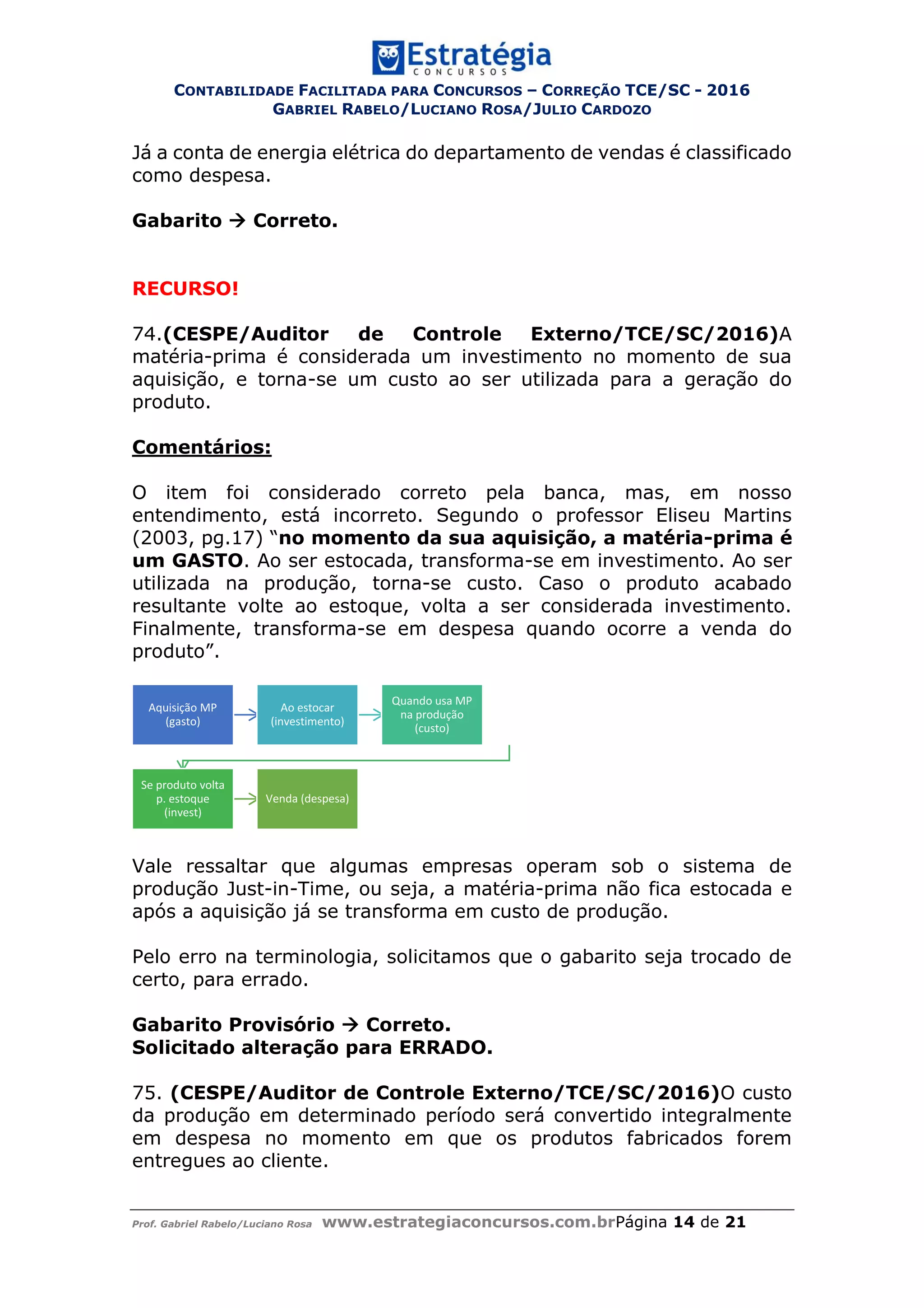CONTABILIDADE FACILITADA PARA CONCURSOS – CORREÇÃO TCE/SC - 2016
GABRIEL RABELO/LUCIANO ROSA/JULIO CARDOZO
Prof. Gabriel Rabelo/Luciano Rosa www.estrategiaconcursos.com.brPágina 14 de 21
Já a conta de energia elétrica do departamento de vendas é classificado
como despesa.
Gabarito  Correto.
RECURSO!
74.(CESPE/Auditor de Controle Externo/TCE/SC/2016)A
matéria-prima é considerada um investimento no momento de sua
aquisição, e torna-se um custo ao ser utilizada para a geração do
produto.
Comentários:
O item foi considerado correto pela banca, mas, em nosso
entendimento, está incorreto. Segundo o professor Eliseu Martins
(2003, pg.17) “no momento da sua aquisição, a matéria-prima é
um GASTO. Ao ser estocada, transforma-se em investimento. Ao ser
utilizada na produção, torna-se custo. Caso o produto acabado
resultante volte ao estoque, volta a ser considerada investimento.
Finalmente, transforma-se em despesa quando ocorre a venda do
produto”.
Vale ressaltar que algumas empresas operam sob o sistema de
produção Just-in-Time, ou seja, a matéria-prima não fica estocada e
após a aquisição já se transforma em custo de produção.
Pelo erro na terminologia, solicitamos que o gabarito seja trocado de
certo, para errado.
Gabarito Provisório  Correto.
Solicitado alteração para ERRADO.
75. (CESPE/Auditor de Controle Externo/TCE/SC/2016)O custo
da produção em determinado período será convertido integralmente
em despesa no momento em que os produtos fabricados forem
entregues ao cliente.
Aquisição MP
(gasto)
Ao estocar
(investimento)
Quando usa MP
na produção
(custo)
Se produto volta
p. estoque
(invest)
Venda (despesa)
 