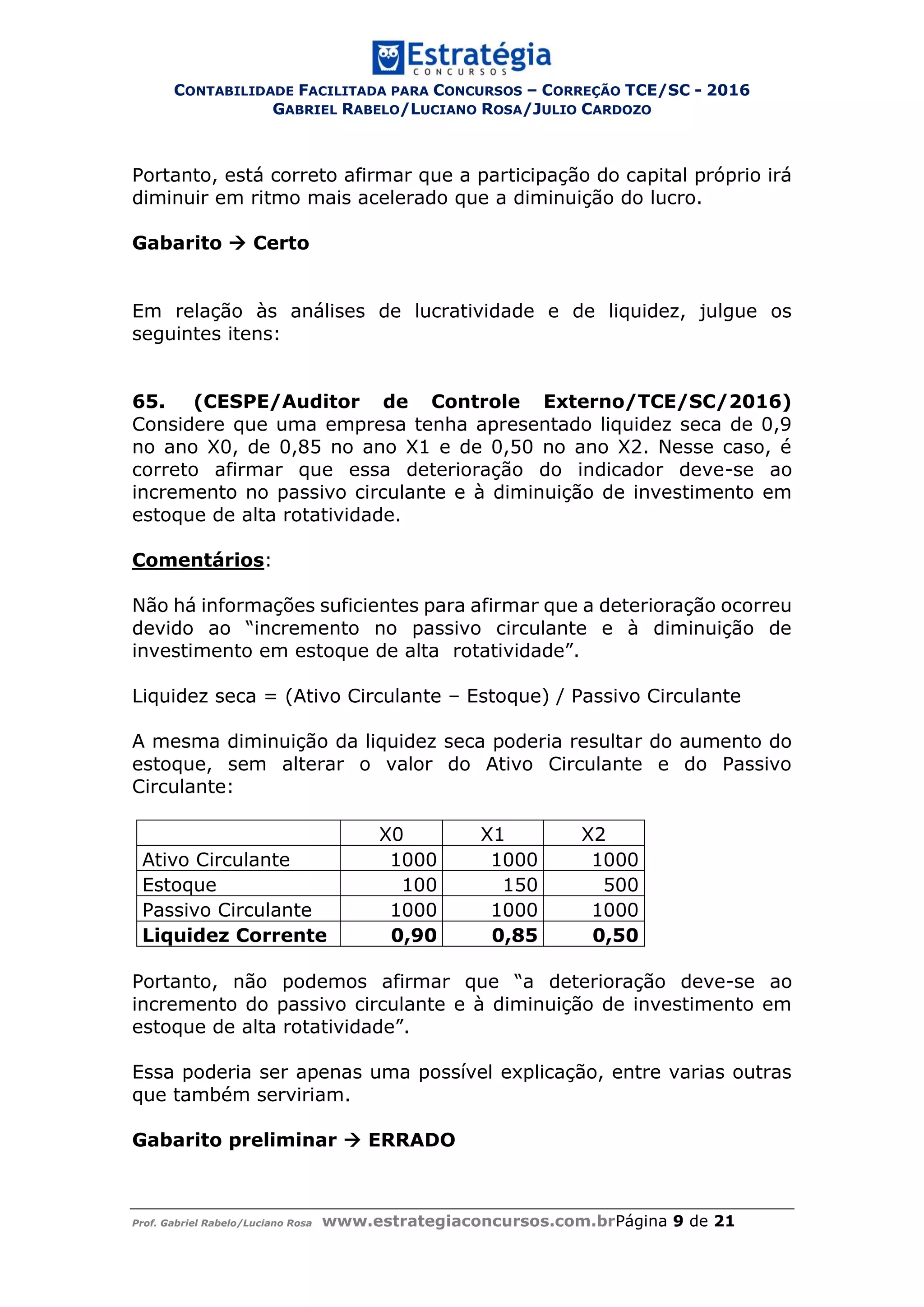 CONTABILIDADE FACILITADA PARA CONCURSOS – CORREÇÃO TCE/SC - 2016
GABRIEL RABELO/LUCIANO ROSA/JULIO CARDOZO
Prof. Gabriel Rabelo/Luciano Rosa www.estrategiaconcursos.com.brPágina 9 de 21
Portanto, está correto afirmar que a participação do capital próprio irá
diminuir em ritmo mais acelerado que a diminuição do lucro.
Gabarito  Certo
Em relação às análises de lucratividade e de liquidez, julgue os
seguintes itens:
65. (CESPE/Auditor de Controle Externo/TCE/SC/2016)
Considere que uma empresa tenha apresentado liquidez seca de 0,9
no ano X0, de 0,85 no ano X1 e de 0,50 no ano X2. Nesse caso, é
correto afirmar que essa deterioração do indicador deve-se ao
incremento no passivo circulante e à diminuição de investimento em
estoque de alta rotatividade.
Comentários:
Não há informações suficientes para afirmar que a deterioração ocorreu
devido ao “incremento no passivo circulante e à diminuição de
investimento em estoque de alta rotatividade”.
Liquidez seca = (Ativo Circulante – Estoque) / Passivo Circulante
A mesma diminuição da liquidez seca poderia resultar do aumento do
estoque, sem alterar o valor do Ativo Circulante e do Passivo
Circulante:
X0 X1 X2
Ativo Circulante 1000 1000 1000
Estoque 100 150 500
Passivo Circulante 1000 1000 1000
Liquidez Corrente 0,90 0,85 0,50
Portanto, não podemos afirmar que “a deterioração deve-se ao
incremento do passivo circulante e à diminuição de investimento em
estoque de alta rotatividade”.
Essa poderia ser apenas uma possível explicação, entre varias outras
que também serviriam.
Gabarito preliminar  ERRADO
 