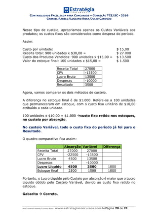 CONTABILIDADE FACILITADA PARA CONCURSOS – CORREÇÃO TCE/SC - 2016
GABRIEL RABELO/LUCIANO ROSA/JULIO CARDOZO
Prof. Gabriel Rabelo/Luciano Rosa www.estrategiaconcursos.com.brPágina 20 de 21
Nesse tipo de custeio, apropriamos apenas os Custos Variáveis aos
produtos; os custos fixos são considerados como despesa do período.
Assim:
Custo por unidade: $ 15,00
Receita total: 900 unidades x $30,00 = $ 27.000
Custo dos Produtos Vendidos: 900 unidades x $15,00 = $ 13.500
Valor do estoque final: 100 unidades x $15,00 = $ 1.500
Receita Total 27000
CPV -13500
Lucro Bruto 13500
Despesas -10000
Resultado 3500
Agora, vamos comparar os dois métodos de custeio.
A diferença no estoque final é de $1.000. Refere-se a 100 unidades
que permaneceram em estoque, com o custo fixo unitário de $10,00
atribuído a cada unidade.
100 unidades x $10,00 = $1.000 custo fixo retido nos estoques,
no custeio por absorção.
No custeio Variável, todo o custo fixo do período já foi para o
Resultado.
O quadro comparativo fica assim:
Absorção Variável Diferença
Receita Total 27000 27000
CPV -22500 -13500
Lucro Bruto 4500 13500
Despesas - -10000
Lucro Líquido 4500 3500 1000
Estoque final 2500 1500 1000
Portanto, o Lucro Líquido pelo Custeio por absorção é maior que o Lucro
Líquido obtido pelo Custeio Variável, devido ao custo fixo retido no
estoque.
Gabarito  Correto.
 