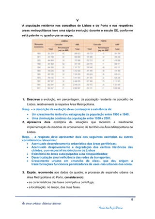V
A população residente nos concelhos de Lisboa e do Porto e nas respetivas
áreas metropolitanas teve uma rápida evolução durante o seculo XX, conforme
está patente no quadro que se segue.




1. Descreve a evolução, em percentagem, da população residente no concelho de
    Lisboa, relativamente à respetiva Área Metropolitana.
Resp. – a descrição da evolução deve contemplar a existência de:
    Um crescimento lento e/ou estagnação da população entre 1900 e 1940;
    Uma diminuição contínua da população entre 1950 e 2001.
2. Apresenta dois exemplos de situações que mostrem a insuficiente
    implementação de medidas de ordenamento de território na Área Metropolitana de
    Lisboa.
Resp. – a resposta deve apresentar dois dos seguintes exemplos ou outros
considerados relevantes:
    Acentuado desordenamento urbanístico das áreas periféricas;
    Acentuado despovoamento e degradação dos centros históricos das
      cidades, com especial incidência no de Lisboa
    Existência de áreas subequipadas e/ou desqualificadas;
    Desarticulação e/ou ineficiência das redes de transportes;
    Crescimento urbano em «mancha de óleo», que deu origem a
      transformações funcionais penalizadoras de usos não urbanos dos solos.

3. Expõe, recorrendo aos dados do quadro, o processo de expansão urbana da
    Área Metropolitana do Porto, considerando:
    - as características das fases centrípeta e centrifuga;
    - a localização, no tempo, das duas fases.



                                                                                       8
As áreas urbanas: dinâmicas internas
                                                              Maria dos Anjos Poeira
 