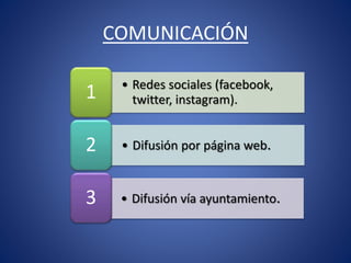 COMUNICACIÓN
• Redes sociales (facebook,
twitter, instagram).1
• Difusión por página web.2
• Difusión vía ayuntamiento.3
 