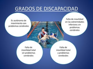 GRADOS DE DISCAPACIDAD
Es autónoma de
movimiento con
problemas cerebrales
Falta de movilidad
en las extremidades
inferiores sin
problemas
cerebrales
Falta de
movilidad total
sin problemas
cerebrales
Falta de
movilidad total
y problemas
cerebrales
 