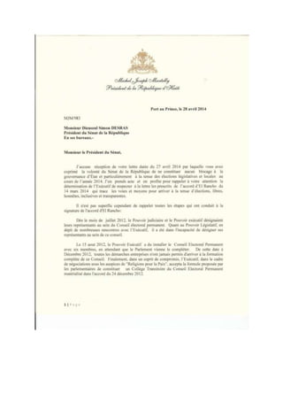 CORRESPONDANCE RESPONSIVE DU PRESIDENT DE LA REPUBLIQUE D'HAITI AU PRESIDENT DU SENAT