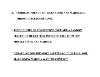 A. CORRESPONDENCE BETWEEN MARK AND MARSHA/GR
THROUGH SEPTEMBER 2002.
1.THESE COPIES OF CORRESPONDENCE ARE A RANDOM
SELECTION OF LETTERS, INVOICES, ETC., BETWEEN
MOSTLY MARK AND MARSHA.
2.GERALDINE FOR THE MOST PART WAS OUT OF THIS LOOP.
MARK KNEW MARSHA WAS THE CONTACT.
 
