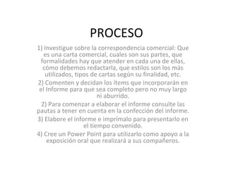 PROCESO
1) Investigue sobre la correspondencia comercial: Que
es una carta comercial, cuales son sus partes, que
formalidades hay que atender en cada una de ellas,
cómo debemos redactarla, que estilos son los más
utilizados, tipos de cartas según su finalidad, etc.
2) Comenten y decidan los ítems que incorporarán en
el Informe para que sea completo pero no muy largo
ni aburrido.
2) Para comenzar a elaborar el informe consulte las
pautas a tener en cuenta en la confección del informe.
3) Elabore el informe e imprímalo para presentarlo en
el tiempo convenido.
4) Cree un Power Point para utilizarlo como apoyo a la
exposición oral que realizará a sus compañeros.
 