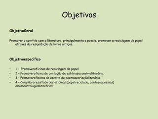 ObjetivosObjetivoGeralPromover o convívio com a literatura, principalmente a poesia, promover a reciclagem de papel através da resignifição de livros antigos.Objetivoespecífico1 –  Promoveroficinas de reciclagem de papel2 – Promoveroficina de contação de estóriaseconvívioliterário. 3 – Promoveroficinas de escrita de poemasecriaçãoliterária.4 – Compilaroresultado das oficinas (papelreciclado, contosoupoemas) emumaantologiasliterárias. 