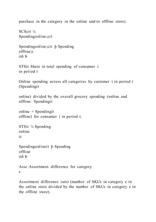 purchase in the category in the online and/or offline store).
SCScit ¼
Spendingonline;cit
Spendingonline;cit þ Spending
offline;c
itð Þ
STSit Share in total spending of consumer i
in period t
Online spending across all categories by customer i in period t
(Spendingit
online) divided by the overall grocery spending (online and
offline: Spendingit
online + Spendingit
offline) for consumer i in period t.
STSit ¼ Spending
online
it
Spendingonlineit þ Spending
offline
itð Þ
Assc Assortment difference for category
c
Assortment difference ratio (number of SKUs in category c in
the online store divided by the number of SKUs in category c in
the offline store).
 