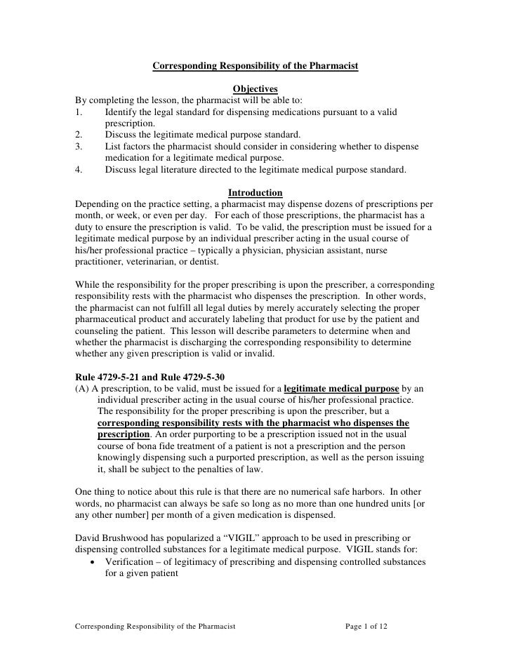 Corresponding Responsibility Of The Pharmacist