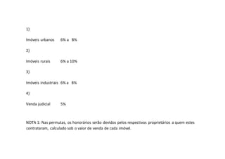 1)
Imóveis urbanos 6% a 8%
2)
Imóveis rurais 6% a 10%
3)
Imóveis industriais 6% a 8%
4)
Venda judicial 5%
NOTA 1: Nas permutas, os honorários serão devidos pelos respectivos proprietários a quem estes
contrataram, calculado sob o valor de venda de cada imóvel.
 