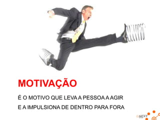 MOTIVAÇÃO
É O MOTIVO QUE LEVA A PESSOA A AGIR
E A IMPULSIONA DE DENTRO PARA FORA

 