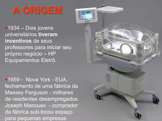 A ORIGEM
1934 – Dois jovens
universitários tiveram
incentivos de seus
professores para iniciar seu
próprio negócio – HP
Equipamentos Eletrô.
1959 - Nova York - EUA,
fechamento de uma fábrica da
Massey Ferguson - milhares
de residentes desempregados.
Joseph Mancuso - comprador
da fábrica sub-locou espaço
para pequenas empresas

 