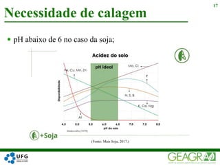 pH abaixo de 6 no caso da soja;
Necessidade de calagem
17
(Fonte: Mais Soja, 2017.)
 