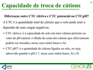 Capacidade de troca de cátions
18
Diferenças entre CTC efetiva e CTC potencial ou CTCpH7
A CTC é a quantidade total de cátions que o solo pode reter a
depender de suas cargas negativas.
 CTC efetiva: é a capacidade do solo em reter cátions próximo ao
valor do pH natural, é obtida da soma dos cátions que efetivamente
podem ser trocados, nesse caso retém bases e Al;
 CTC pH7: é a quantidade de cátions ligados ao solo, ou seja,
adsorvido quando o pH é 7, nesse caso retém bases, Al e H.
 