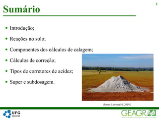  Introdução;
 Reações no solo;
 Componentes dos cálculos de calagem;
 Cálculos de correção;
 Tipos de corretores de acidez;
 Super e subdosagem.
Sumário
2
(Fonte: Lavoura10, 2019.)
 